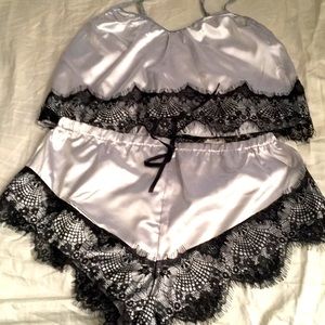 NWT 2 piece lingerie silver with black lace trim